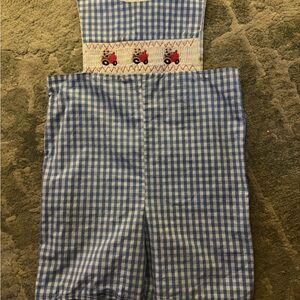 Blue Gingham Smocked Kids Romper with Red Tractor Embroidery